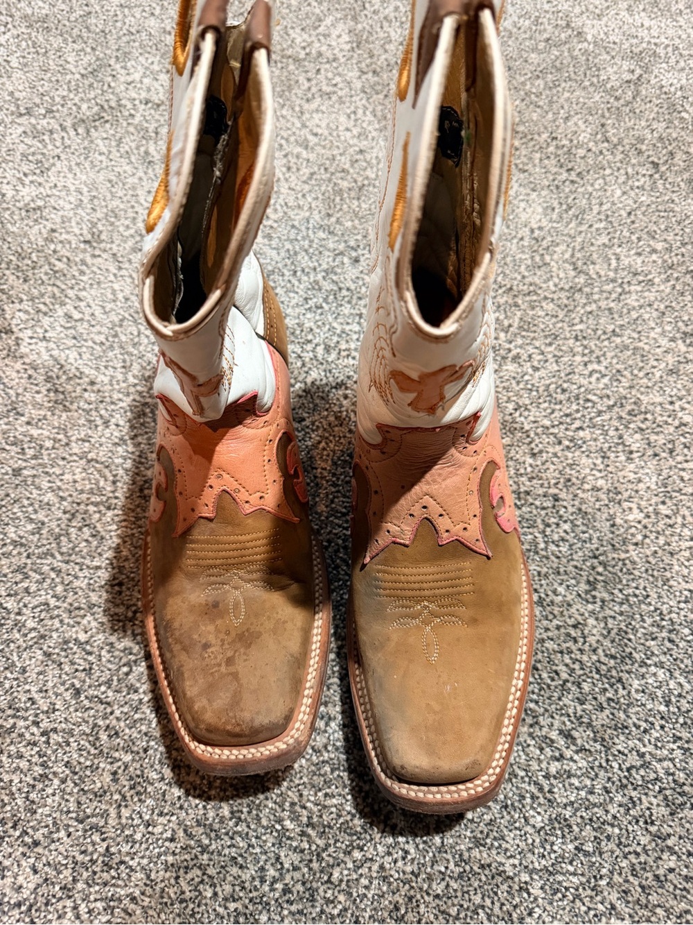 Square toe Western Cowgirl Boots - Brown, White & Coral Accent size 10